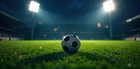 A soccer ball silhouetted against the bright lights of an empty stadium at night. A crisp, dark silhouette of a soccer ball positioned in the foreground, starkly contrasted against the intensely