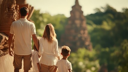 Rear view of family exploring ancient temple in Asia. Parents and two sons walking together on outdoor vacation, beautiful moment of travel, adventure, and bonding.