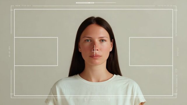 Biometric Identity in Focus: A woman's face is framed within a biometric scan interface, symbolizing the integration of technology with personal identification and security.