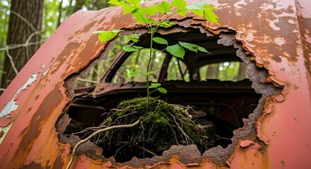 A small green plant with roots growing through a large hole in a rusty, abandoned car in a natural setting, symbolizing nature reclaiming man-made objects