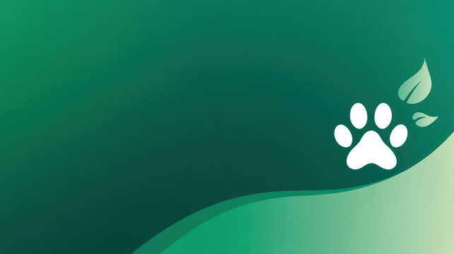 White paw print and leaves promoting animal welfare and environmental protection on green gradient background