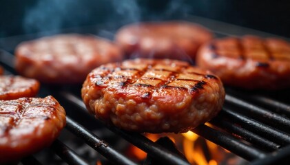 Gourmet burger cooking on a rustic outdoor grill, focus on the juicy patty. A close up, high angle shot of a thick, seasoned burger patty grilling on a rustic charcoal grill. The patty has prominent
