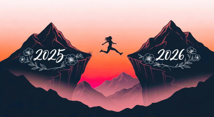 Silhouette of a person leaping between mountains representing the transition from 2025 to 2026 silhouette