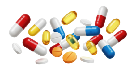 Assorted pills and capsules scattered transparent background cutout png