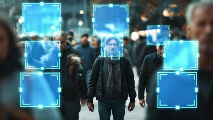 Facial Recognition Technology in Urban Crowd: A man walks confidently through a bustling cityscape, his features highlighted by the futuristic glow of facial recognition technology. - Powered by Adobe