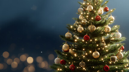 Christmas tree decorated with ornaments, glowing lights, traditional holiday theme, space for text, NO text
