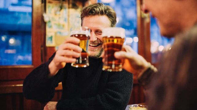 Cheers with beer mugs between friends at a cozy bar—warm tones, candid smiles and genuine social connection for hospitality brands, nightlife promos and weekend celebration themes