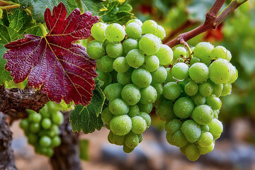 Close up of green grapes with water droplets and a red leaf on a vine in a vineyard setting