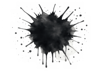 Black ink splattering texture on transparent background creating abstract watercolor paint stain effect