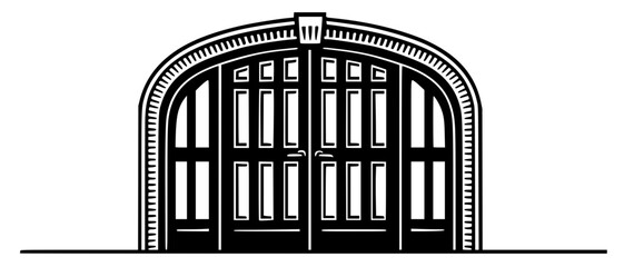 Ornate wrought iron gate with decorative arched top and detailed panels. Grand entrance door with architectural elements. 