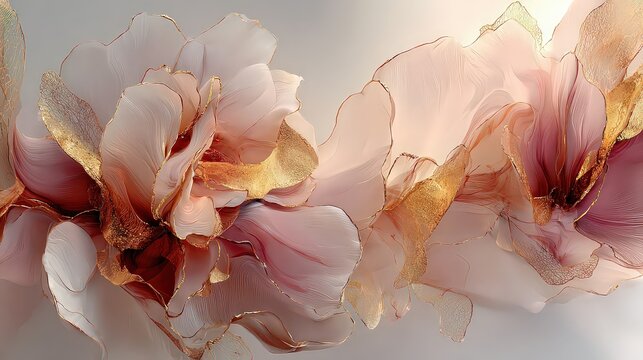 Abstract Fluid Art Swirling Blush Pink and Rose Gold Hues with Glittering Gold Accents on White Background - Powered by Adobe