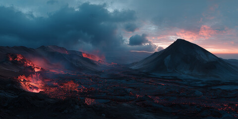Stunning volcanic eruption landscape with lava flows, fiery mountains, and dramatic skies in a powerful display of nature's raw beauty and geological forces