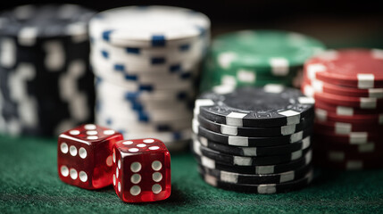 Poker chip stacks and red dice on green casino table with classic gambling setup and focused casino atmosphere