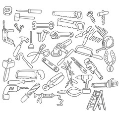 set of tools and equipment illustration vector hand drawn with black lines