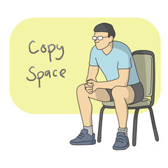 man with glasses thinking on a chair and copy space illustration vector hand drawn with black lines