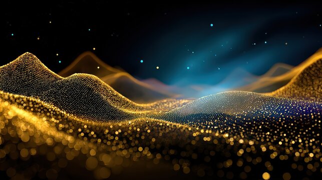 Abstract Landscape of Interconnected Golden Nodes Forming Wavy Terrain on Dark Background with Soft Blue Light Sparkles