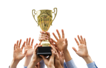 Team holding a trophy transparent background cutout png