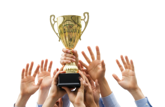 Team holding a trophy transparent background cutout png