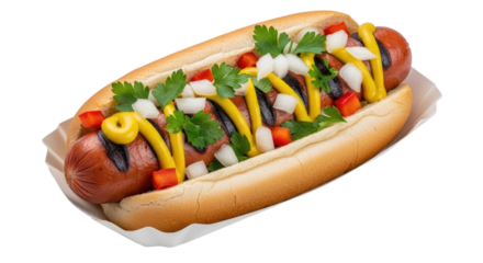 Gourmet hot dog with toppings transparent background cutout png