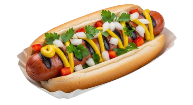 Gourmet hot dog with toppings transparent background cutout png