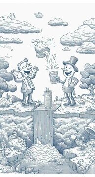 Comic cartoon characters busy in doing something different about water recycle. Making children laugh but learn something. Kids reel, post idea.