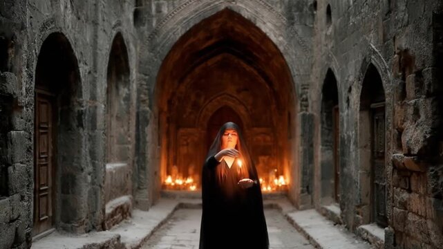 Woman in dark cloak holding candles in stone corridor with archways