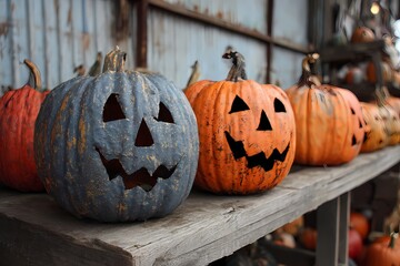 Vintage painted pumpkins with carved faces on rustic wooden table