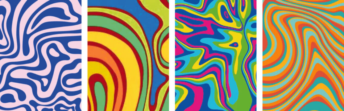 Vintage 1970s Psychedelic Pattern Collection: Wavy Seamless Trippy Backgrounds with Abstract Vector Swirls and Flowing Retro Wave Textures.