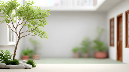 a serene interior with a small tree and indoor plants