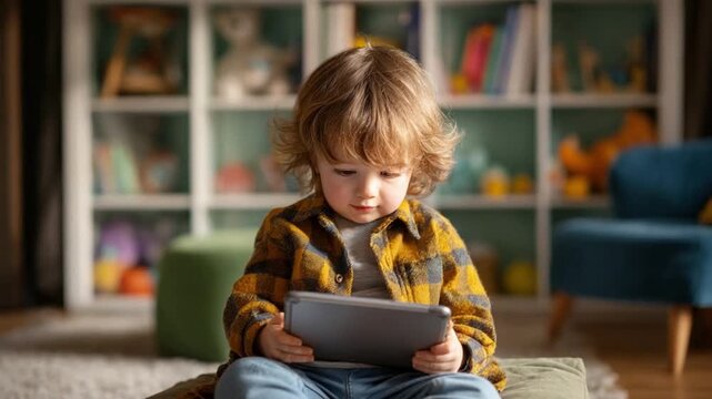 Young Reader with Technology: A focused young child engrossed in using a tablet device, his eyes glued to the screen as he explores the digital world, within a cozy environment of home
