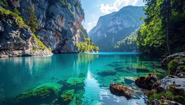 A serene and breathtaking natural landscape featuring a pristine turquoise lake surrounded by towering cliffs and dense green forests.
