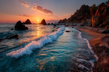 Dramatic sunset over rocky coastline with glowing turquoise waves
