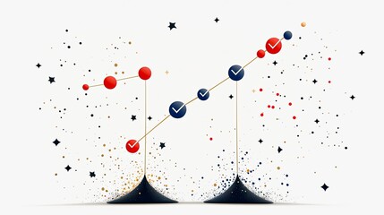 An abstract visual depicting two connected lines with red and blue circular data points, suggesting growth and analysis against a backdrop of scattered confetti