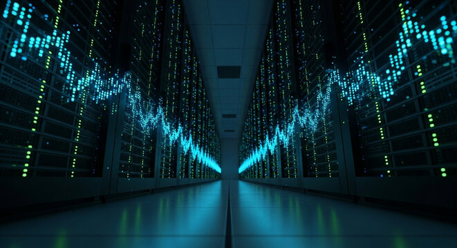 Endless Rack of Servers in a Dark Data Center with Pulsing LED Lights Representing Data Flow for Coders