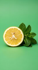 A fresh lemon slice with vibrant green mint leaves arranged on a solid green background for a refreshing and natural aesthetic