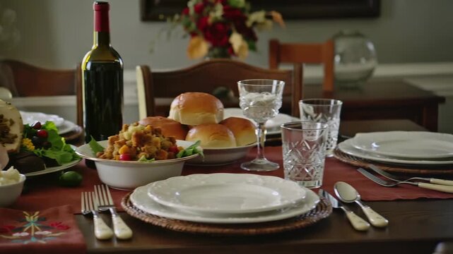 Una mesa festiva con pavo relleno, guarniciones caseras y una botella de vino espera a los comensales en un ambiente c&aacute;lido y familiar.
