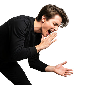 Man shouting loudly, emotional shouting expression, shouting man in anger, dramatic shouting pose, expressive man yelling gesture, shouting expression concept &mdash; Isolated on transparent background, png