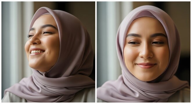 Close-up of a young woman wearing a hijab smiling softly while looking away in a well-lit indoor setting, capturing a peaceful and confident expression