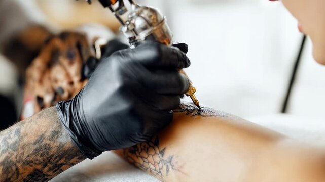 Tattoo artist outlining design on forearm in clean studio, macro process showing professionalism, safety and modern style &mdash; cinematic stock video in authentic style, crafted for advertising, branding,
