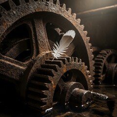 A close-up view of rusted interlocking gears with a white feather resting on one gear, symbolizing the contrast between machinery and nature in an industrial setting