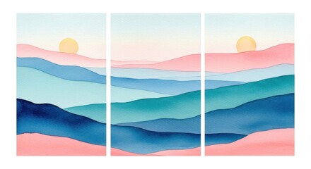 Serene watercolor landscape triptych featuring rolling hills and soft sunrise hues