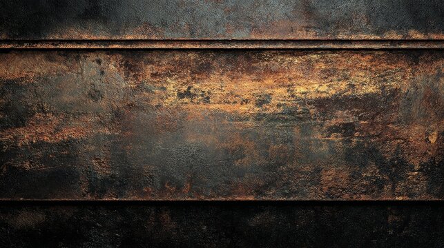 A dark, moody texture of old, heavily rusted metal with a blank, horizontal area in the center, ideal for overlaying text or design elements to convey a vintage industrial theme.