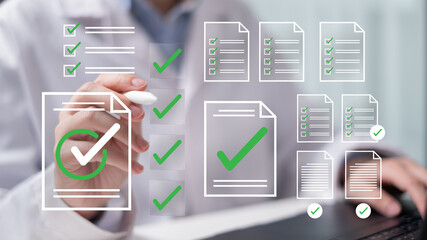 Professional physician doctor working in hospital health care medicals document report form record...