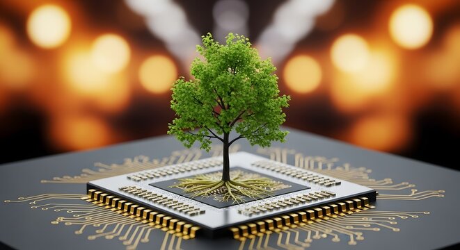 Green technology concept of tree growing from computer chip for sustainability and innovation