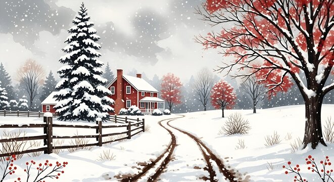 Cozy red farmhouse nestled in a snowy winter landscape with falling snowflakes - Powered by Adobe