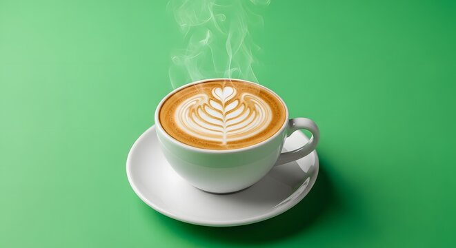A steaming cup of freshly brewed coffee with latte art on a white saucer against a vibrant green background