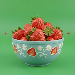 A decorative ceramic bowl filled with fresh, ripe strawberries against a vibrant green background, showcasing a colorful and appealing presentation of fruit