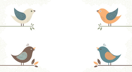 Obraz premium Four adorable cartoon birds perched on branches in a decorative frame.