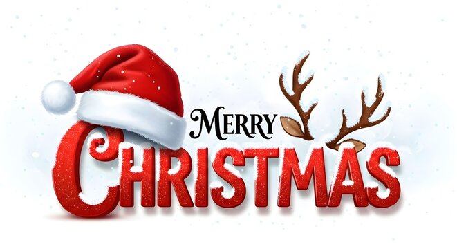 Festive merry christmas greeting with santa hat and reindeer antlers on white snow