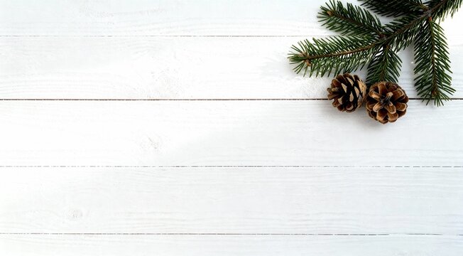 Minimalist Christmas background with pine branch and pinecones on white wood with copy space, generative AI - Powered by Adobe
